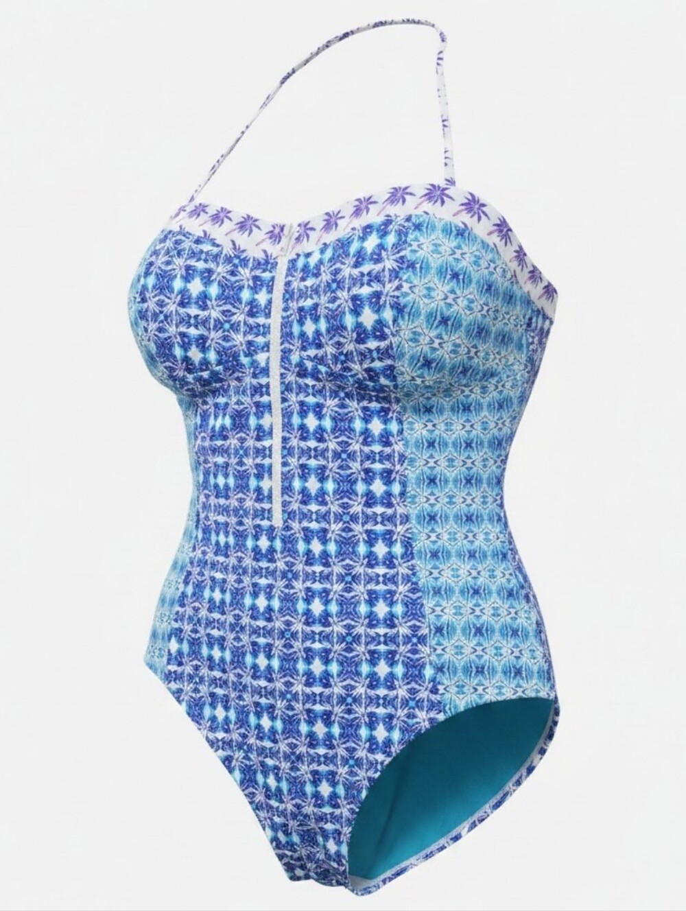 TOMMY BAHAMA | Blue Tropical Geo Zip Front Halter One Piece Swimsuit Plus | 14